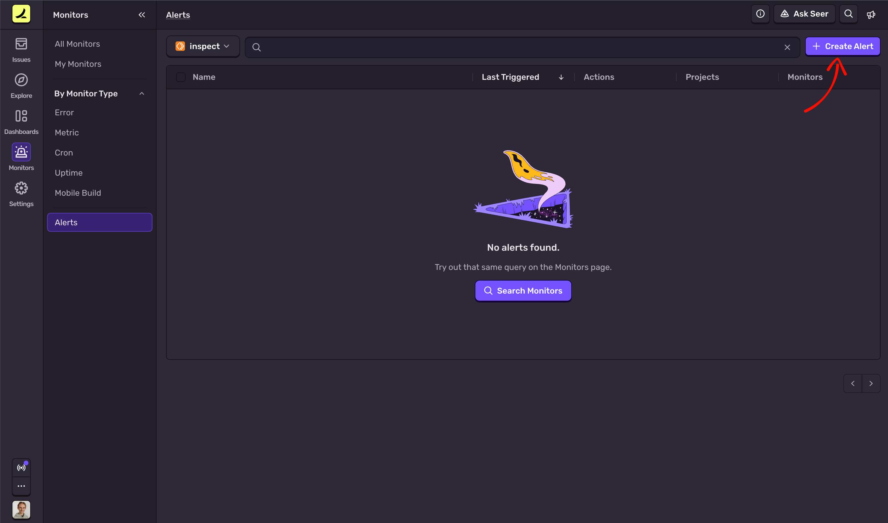 Sentry Alerts page with the Create Alert button highlighted