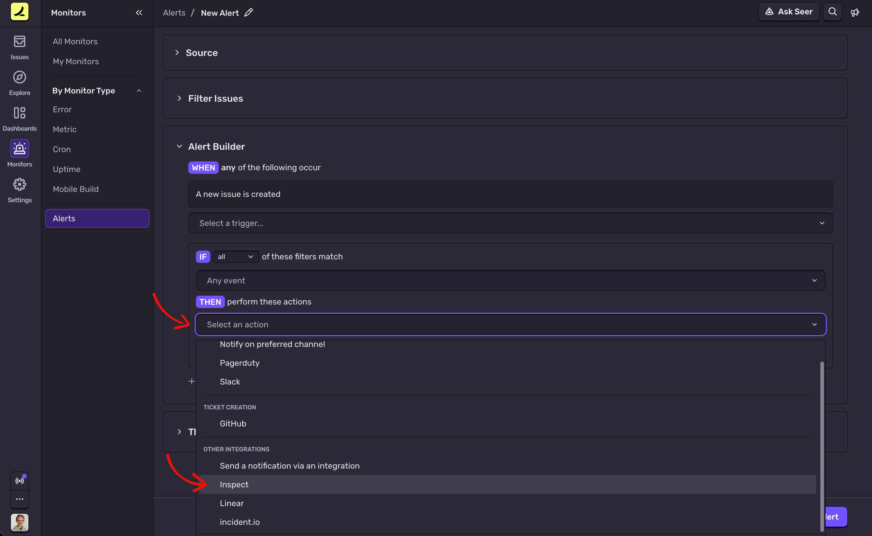 Sentry alert action menu with Inspect highlighted
