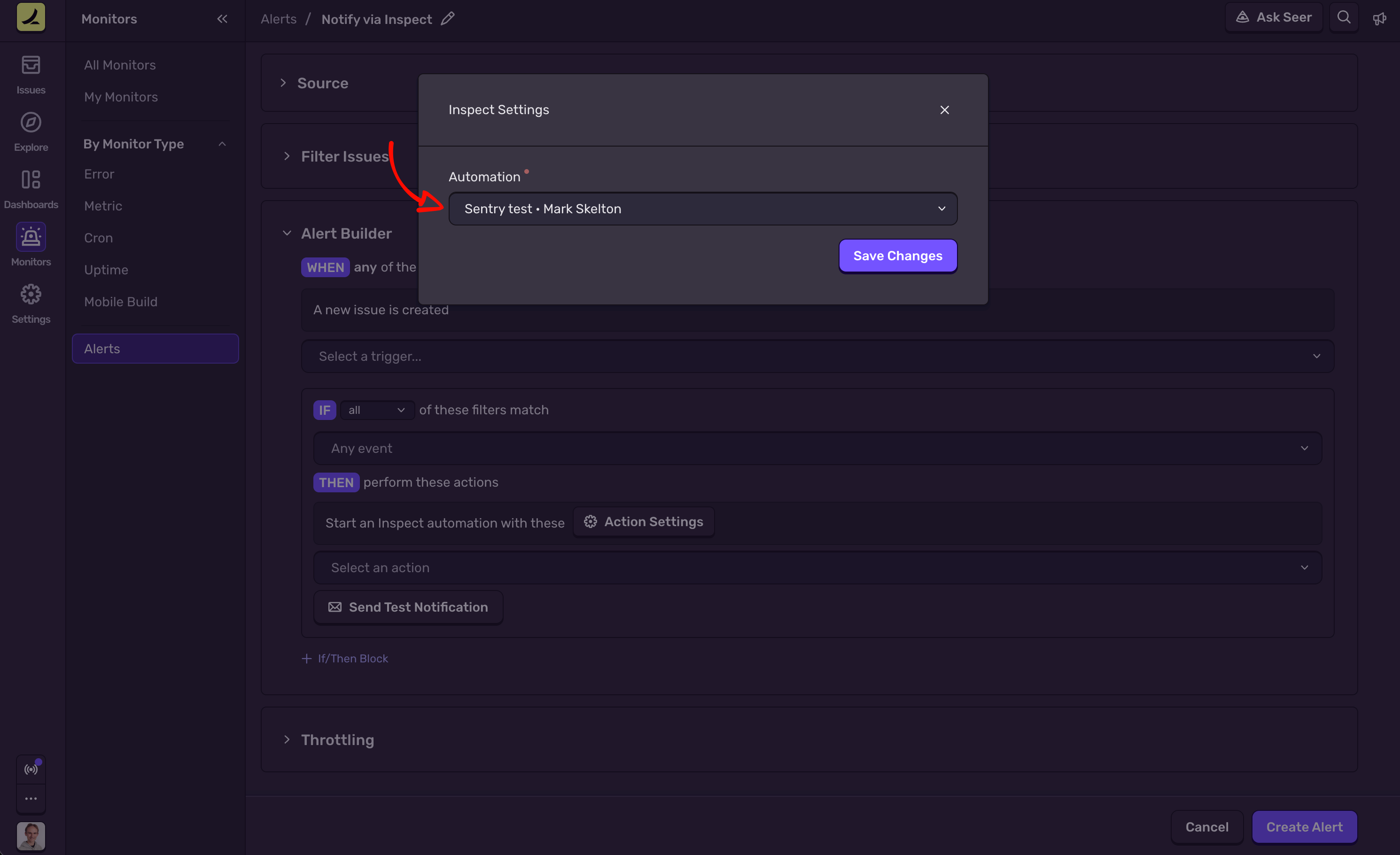 Inspect Settings dialog in Sentry with an automation selected